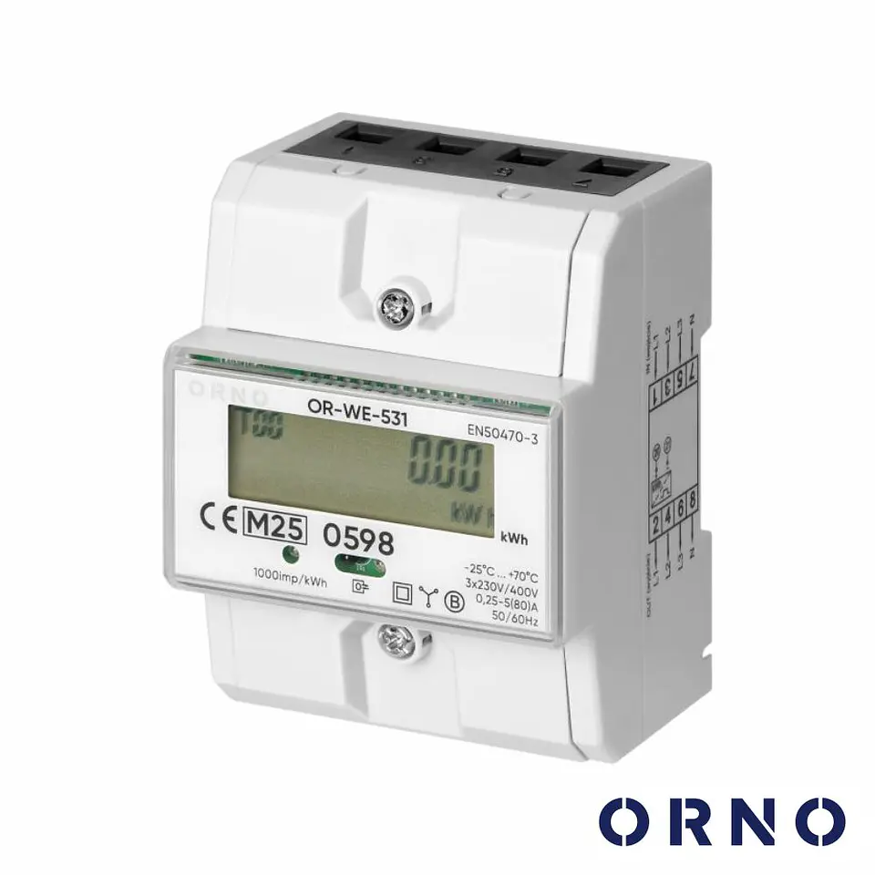 Contador de Energia Trifásico 230V/80A 4.5 Módulos Din ORNO 1