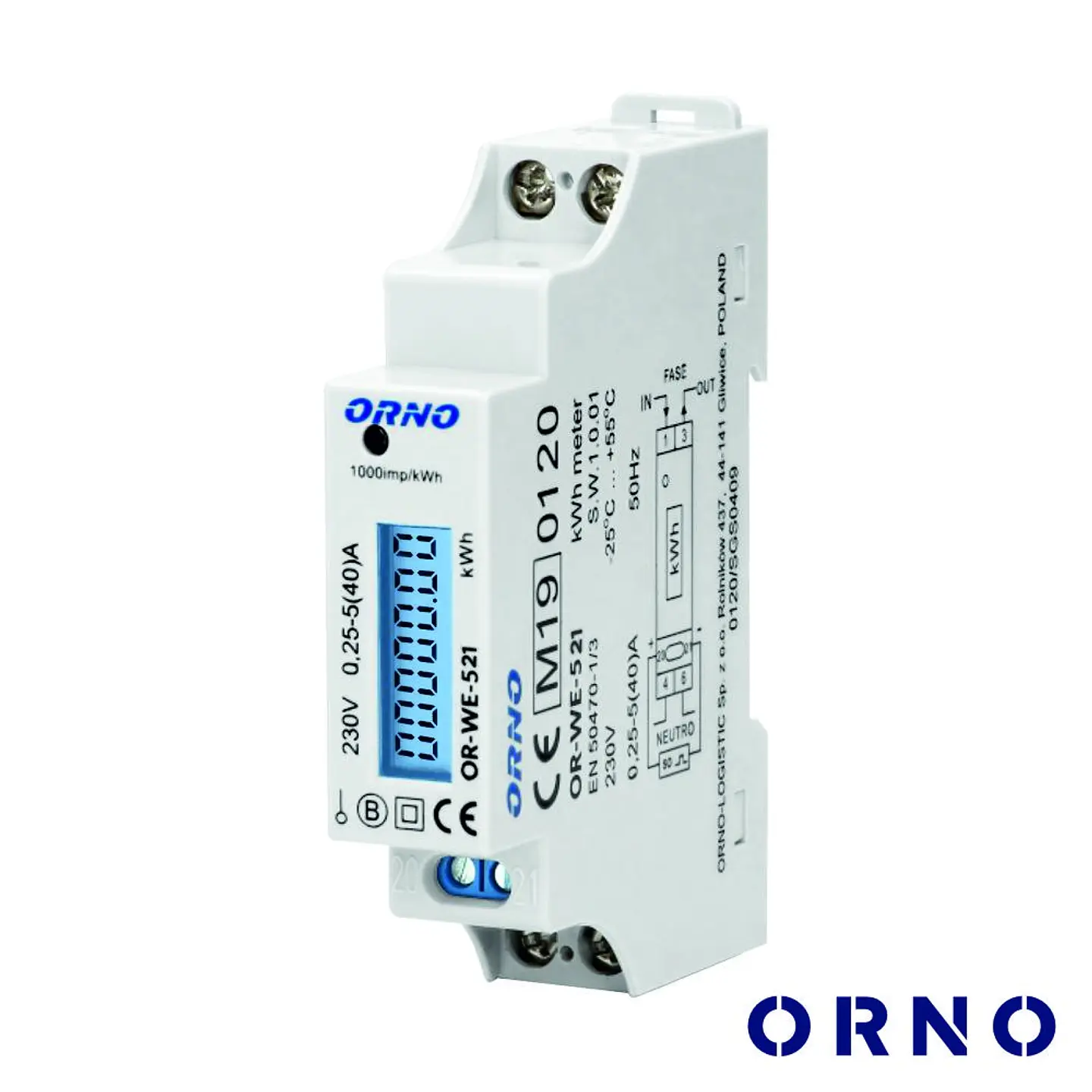 Contador de Energia 230V/40A 1 Módulo P/ Calha Din ORNO 1