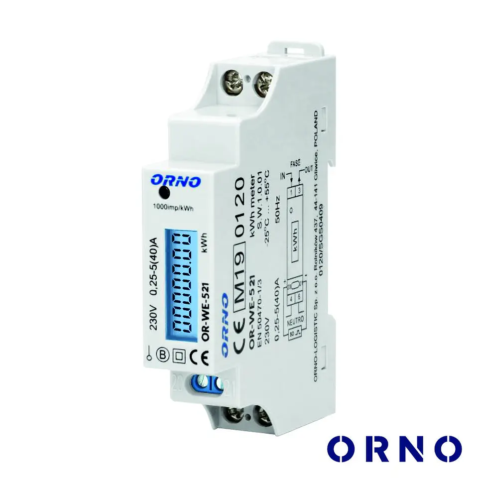 Contador de Energia 230V/40A 1 Módulo P/ Calha Din ORNO 1