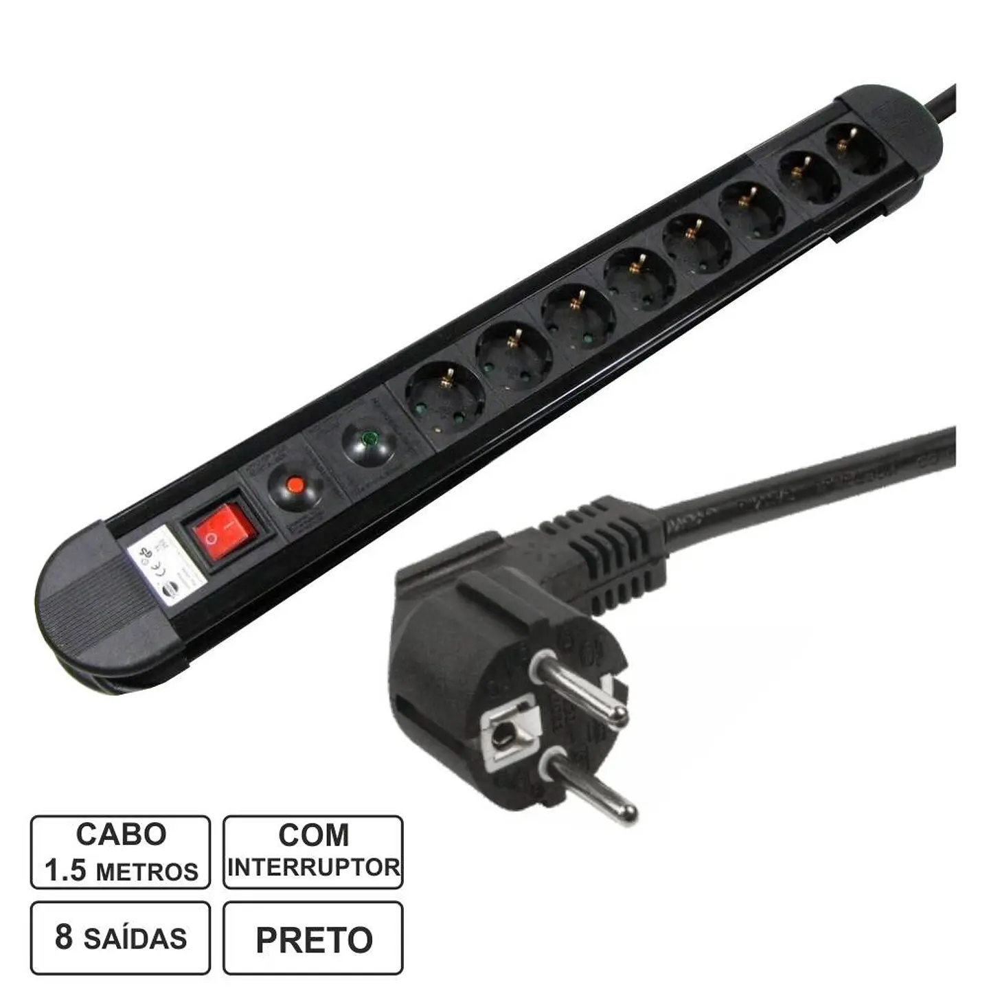 TOMADA ELÉTRICA C/ 8 SAÍDAS INTERRUPTOR PROTEÇÃO 1.5M EDH 1