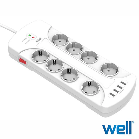 Tomada Elétrica C/ 8 Saídas 4 USB Interruptor 3m WELL