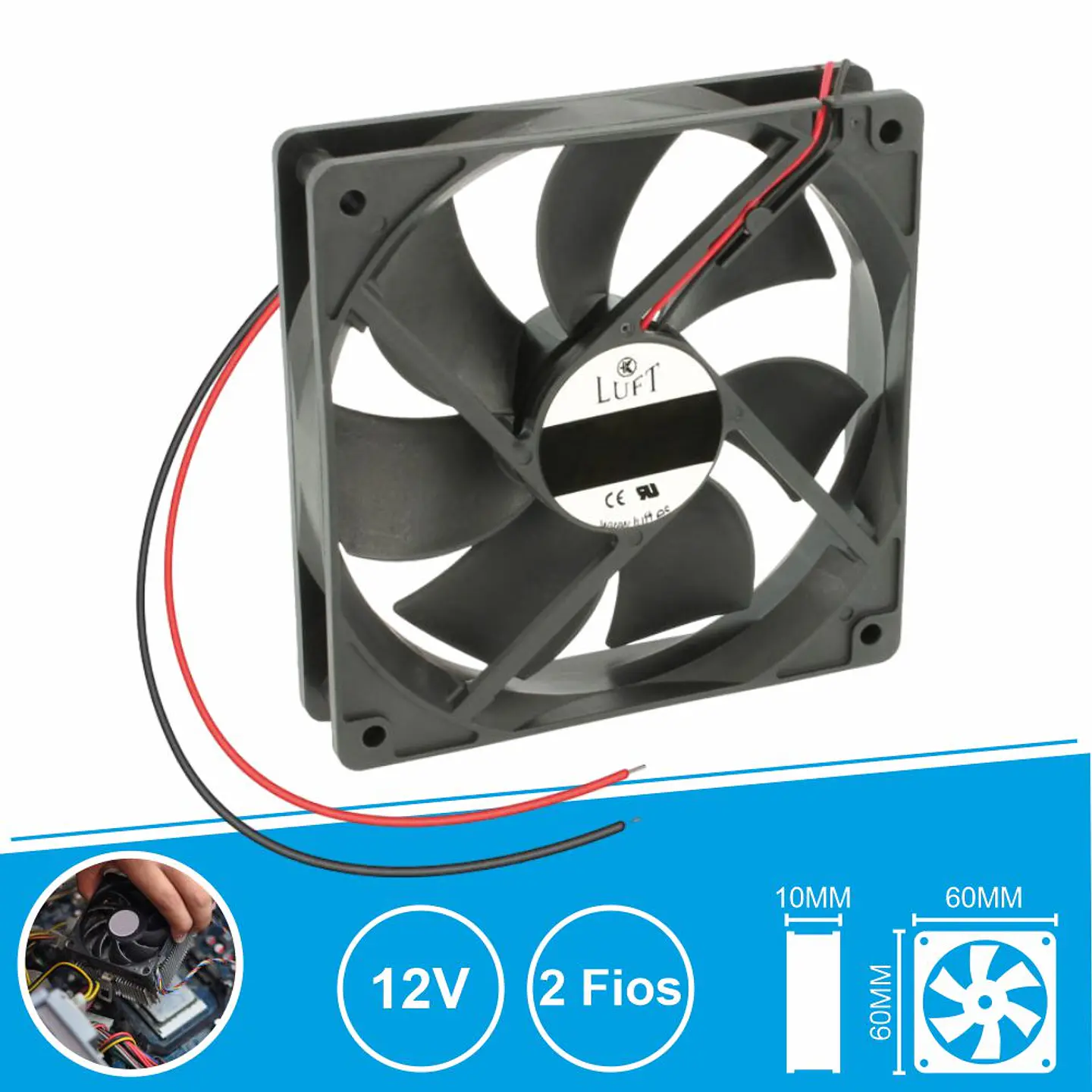 Ventoinha 12V 60x60x10mm 2 Fios KLD012PP060GSWH LUFT 1