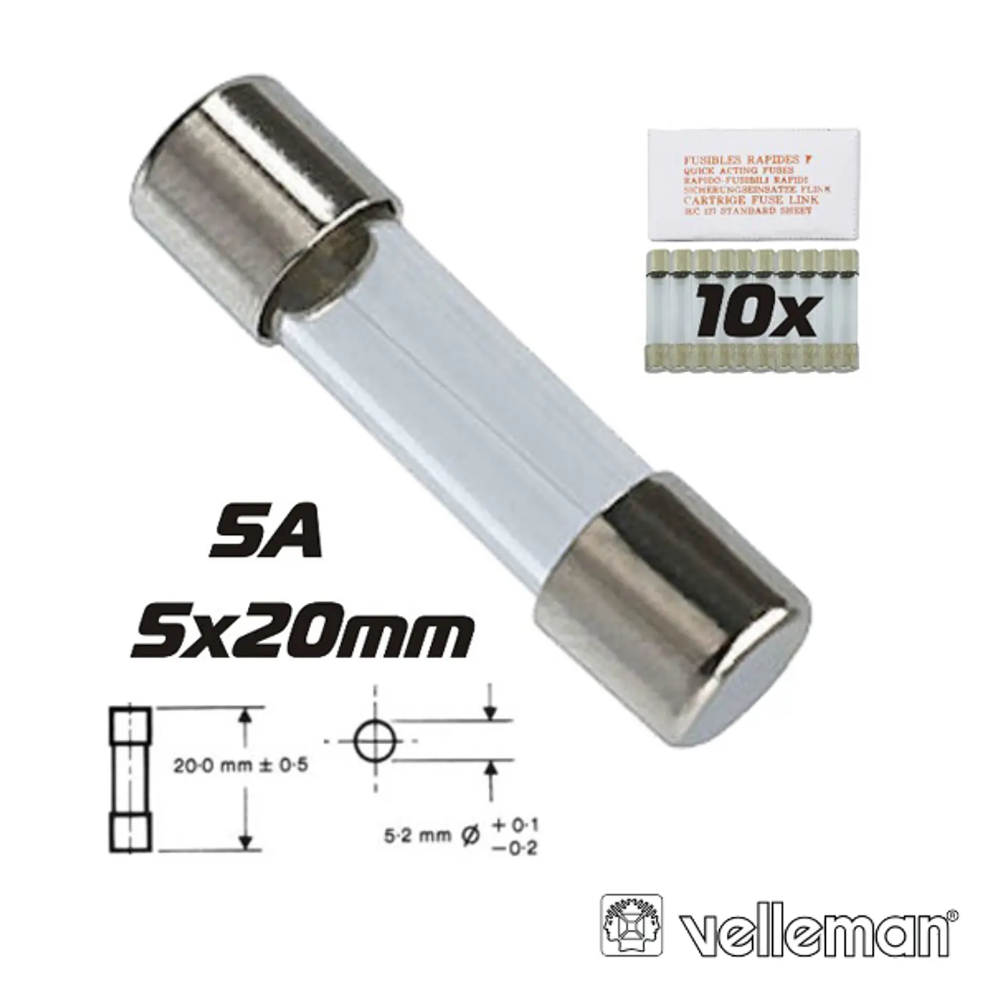 FUSÍVEL 5X20 FUSÃO RÁPIDA 5A (10X) VELLEMAN 1
