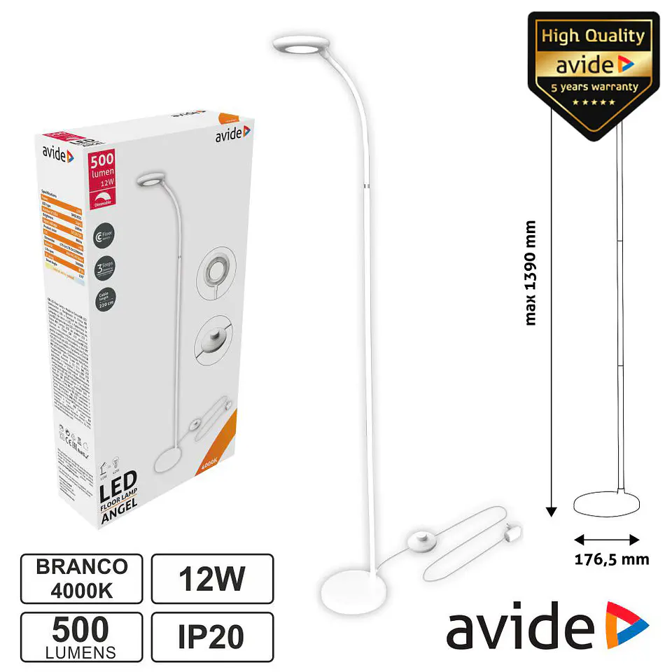 Candeeiro de Pé LED 12W 4000K 500lm Branco IP20 AVIDE 1