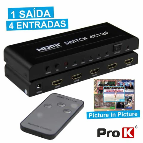 DISTRIBUIDOR COMUTADOR HDMI 4 ENTRADAS 1 SAÍDA PIP PROK