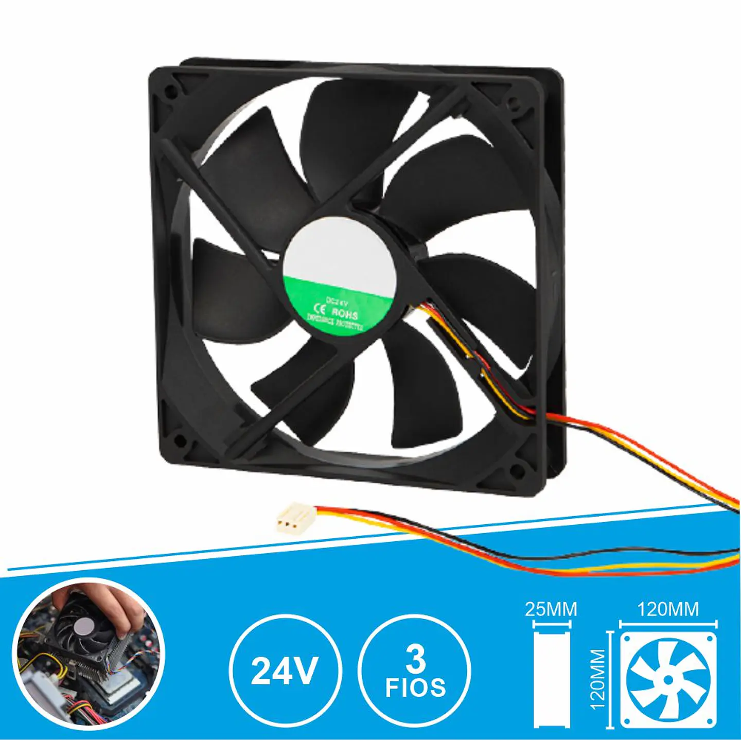 Ventoinha 24V 120x120x25mm 3 Fios 1