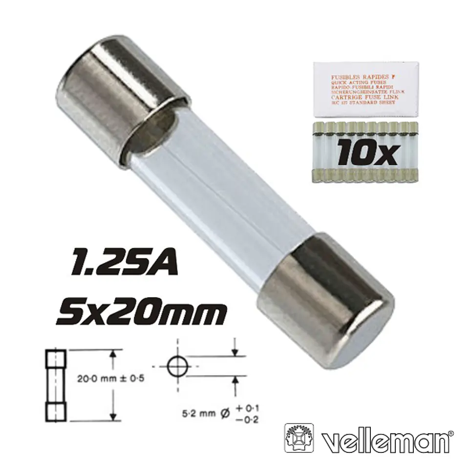 FUSÍVEL 5X20 FUSÃO LENTA 1.25A (10X) VELLEMAN 1