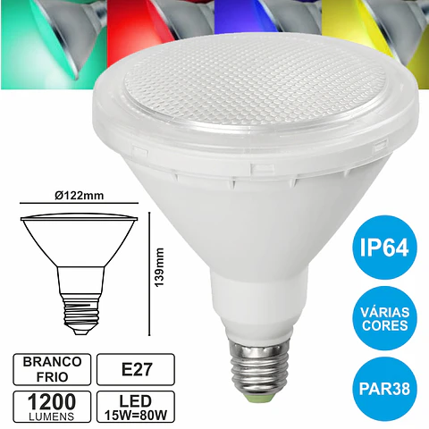 LÂMPADA E27 15W=80W 230V LED PAR38 BRANCO FRIO IP64 1200LM