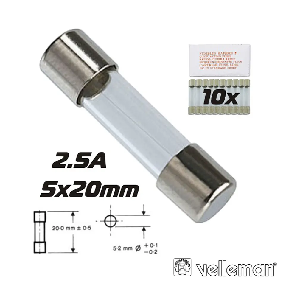 FUSÍVEL 5X20 FUSÃO LENTA 2.5A (10X) VELLEMAN 1