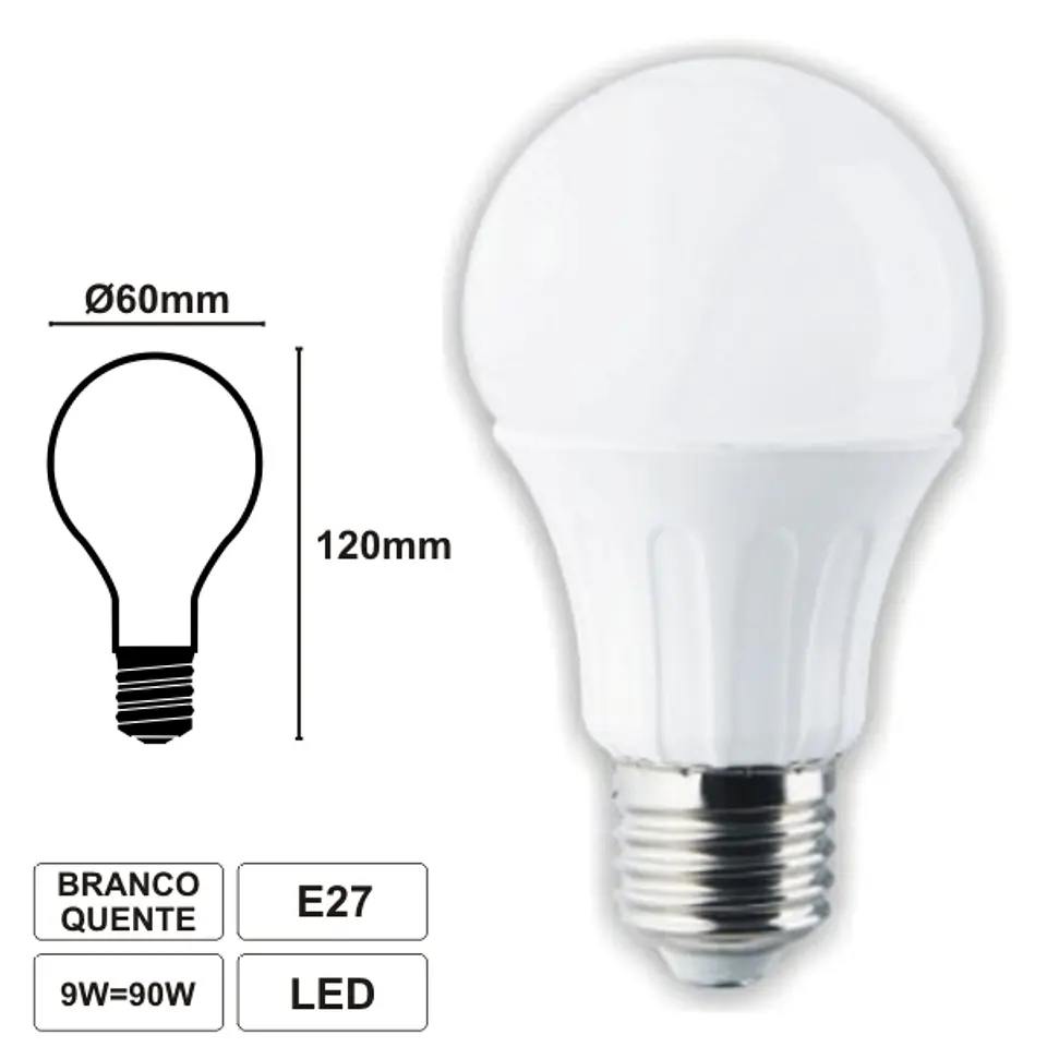 LÂMPADA E27 9W=90W 230V LED GLOBO BRANCO QUENTE 615LM 1