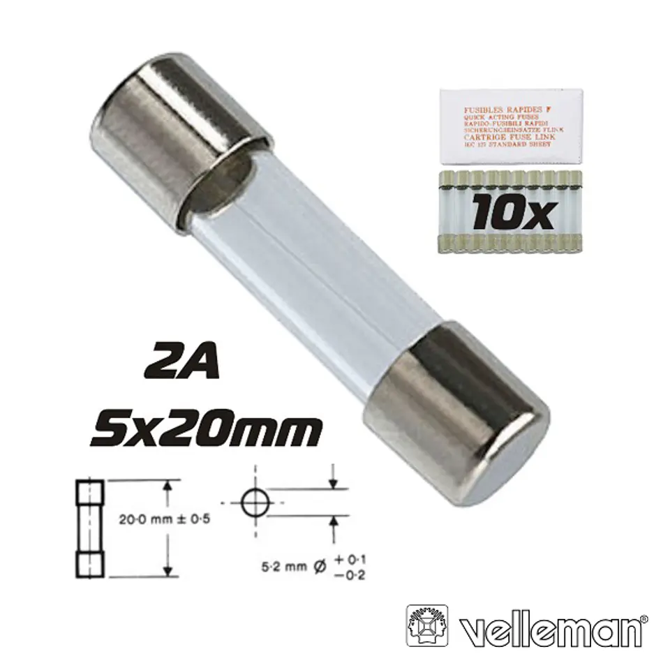 FUSÍVEL 5X20 FUSÃO LENTA 2A (10X) VELLEMAN 1