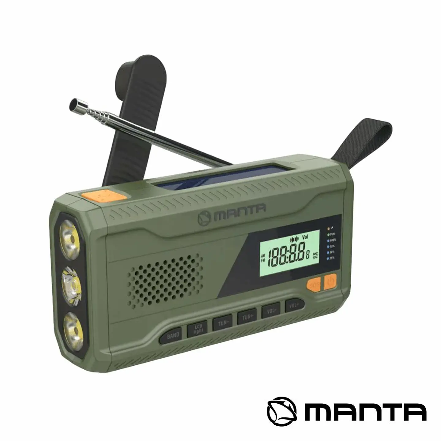 Rádio Portátil FM c/ Painel Solar/Dínamo/Lanterna MANTA 1