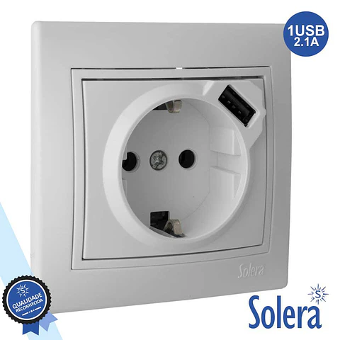 TOMADA ELÉTRICA ENCASTRAR C/ TERRA E 1USB 5V 2.1A SOLERA