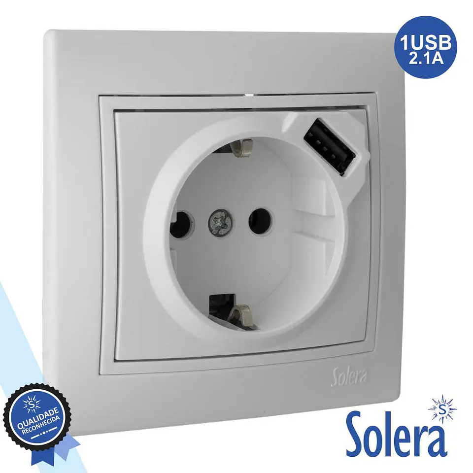 TOMADA ELÉTRICA ENCASTRAR C/ TERRA E 1USB 5V 2.1A SOLERA 1