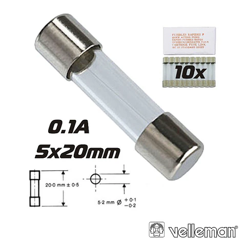 FUSÍVEL 5X20 FUSÃO LENTA 0.1A (10X) VELLEMAN