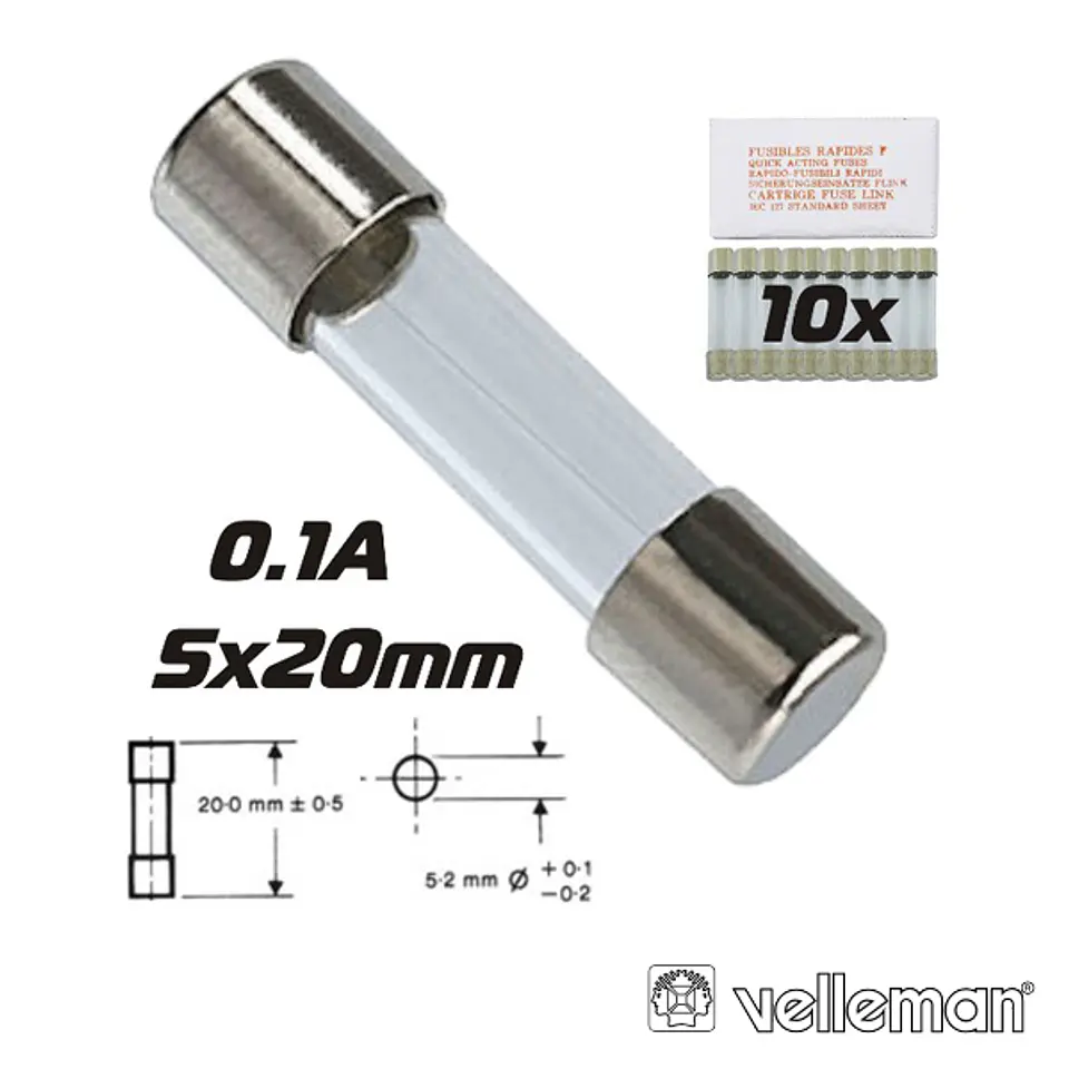 FUSÍVEL 5X20 FUSÃO LENTA 0.1A (10X) VELLEMAN 1