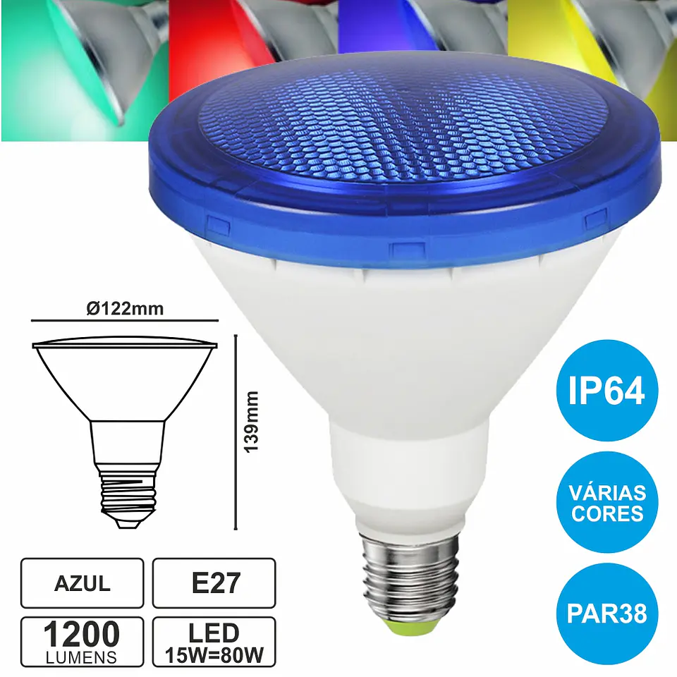 LÂMPADA E27 15W=80W 230V LED PAR38 AZUL IP64 1200LM 1