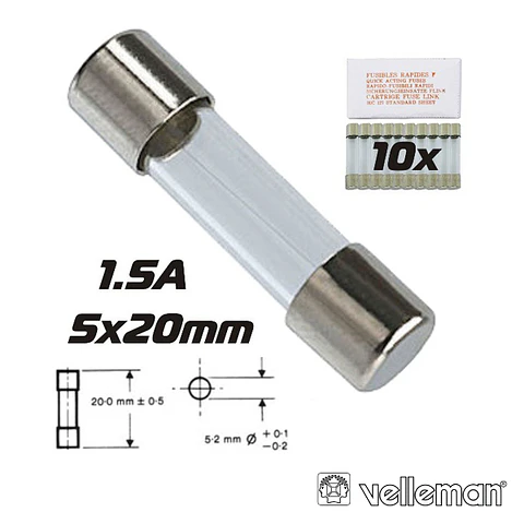FUSÍVEL 5X20 FUSÃO LENTA 1.5A (10X) VELLEMAN