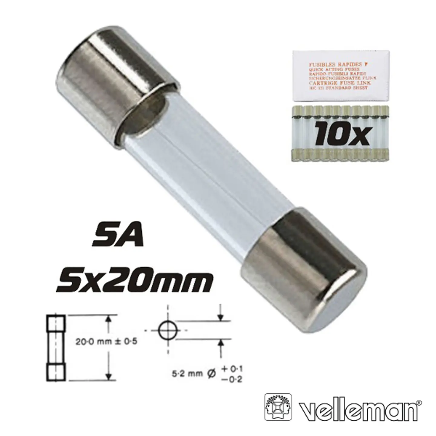 FUSÍVEL 5X20 FUSÃO LENTA 5A (10X) VELLEMAN 1