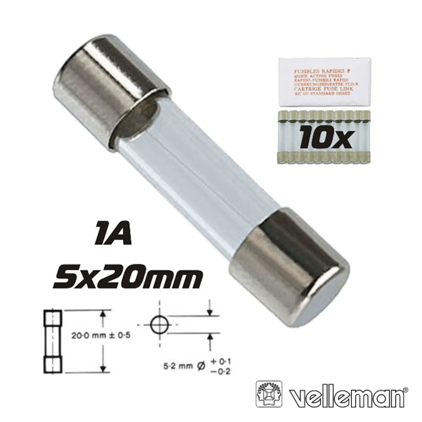 FUSÍVEL 5X20 FUSÃO LENTA 1A (10X) VELLEMAN 1