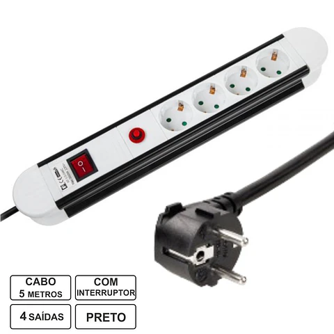 Tomada Elétrica C/ 4 Saídas Interruptor 5m Branco/Preto