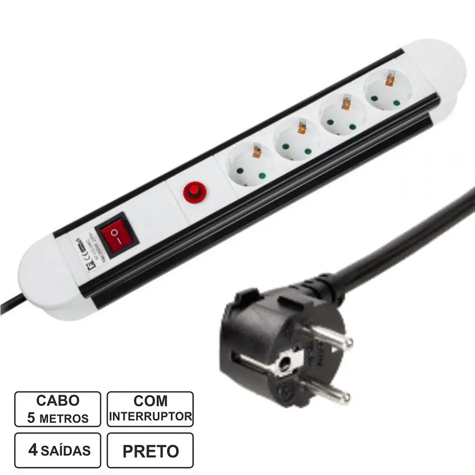 Tomada Elétrica C/ 4 Saídas Interruptor 5m Branco/Preto 1