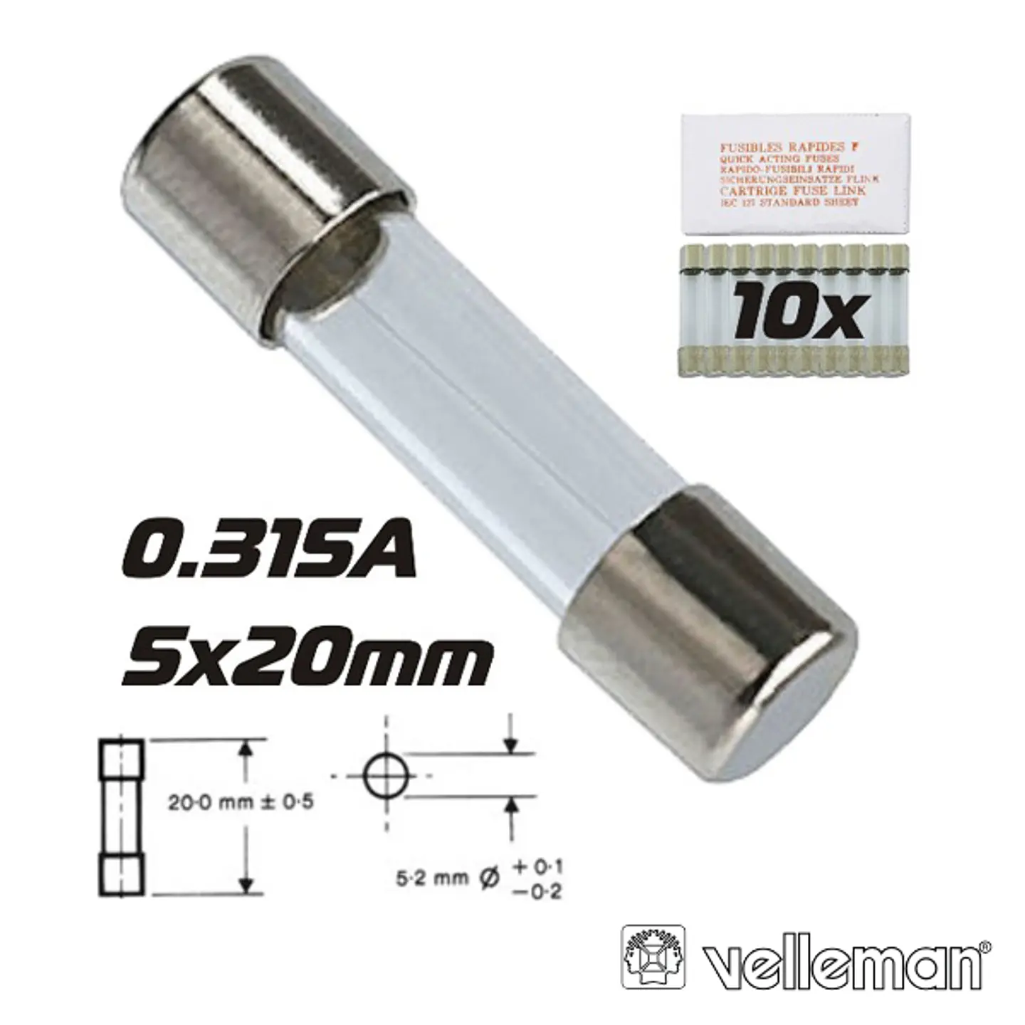 FUSÍVEL 5X20 FUSÃO LENTA 0.315A (10X) VELLEMAN 1