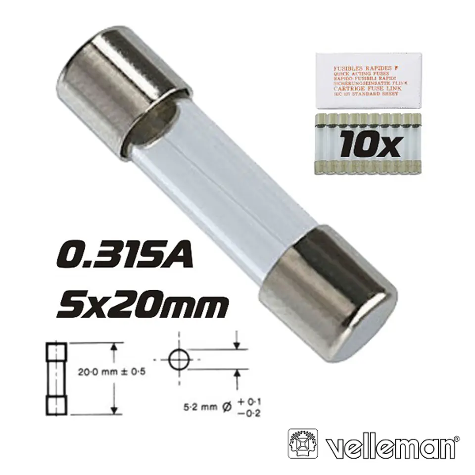FUSÍVEL 5X20 FUSÃO LENTA 0.315A (10X) VELLEMAN 1