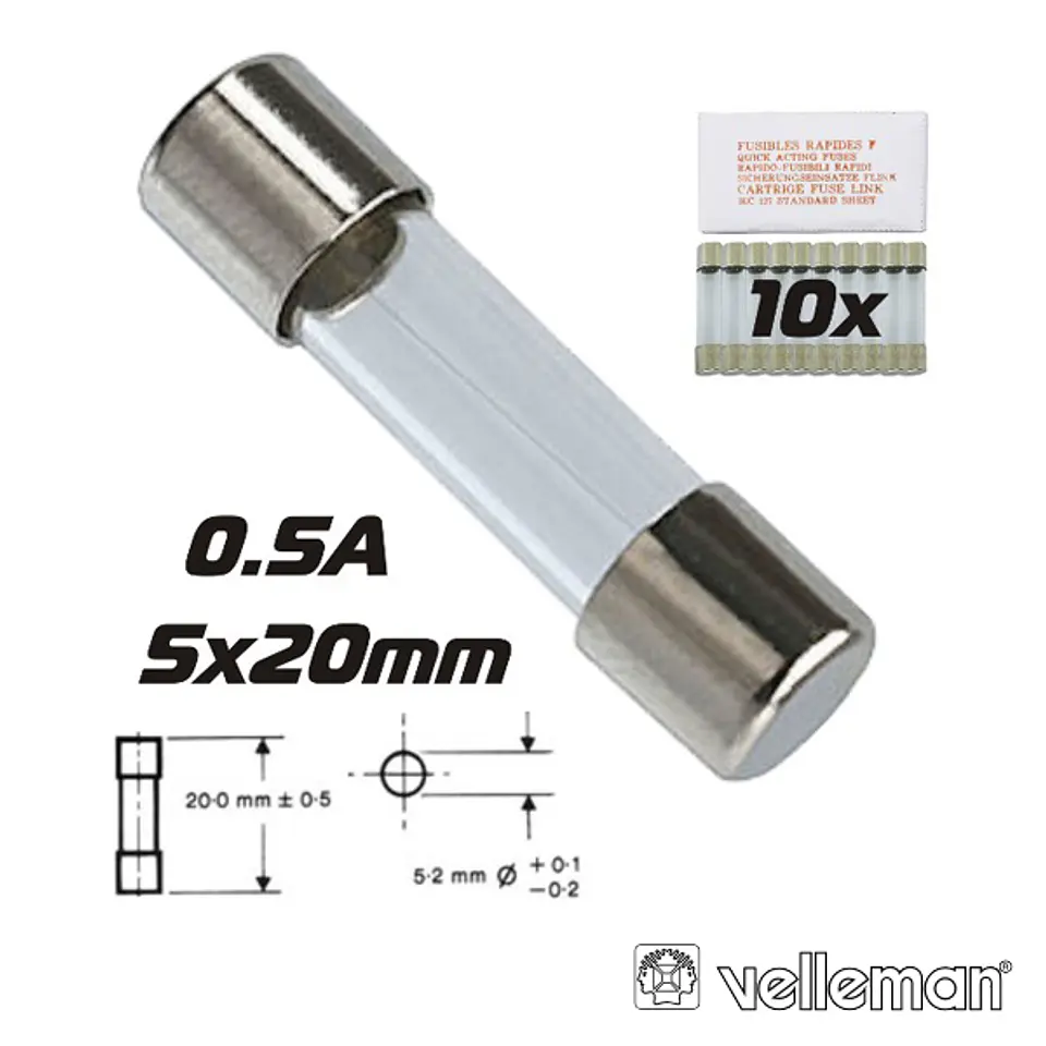 FUSÍVEL 5X20 FUSÃO LENTA 0.5A (10X) VELLEMAN 1
