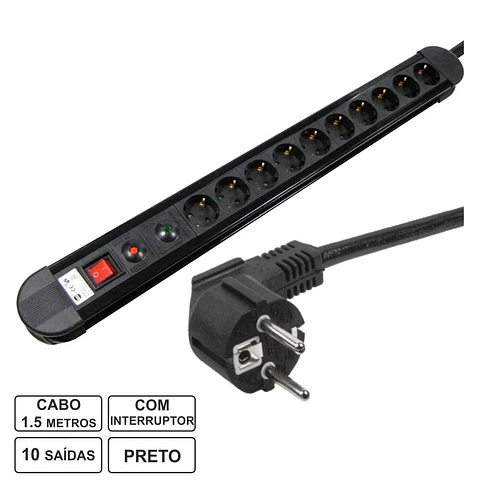 TOMADA ELÉTRICA C/ 10 SAÍDAS INTERRUPTOR PROTEÇÃO 1.5M EDH