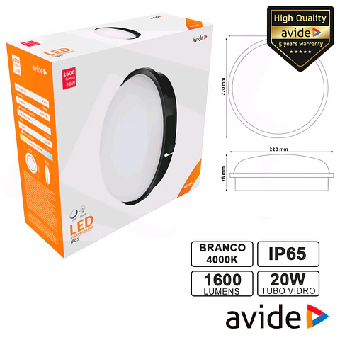 PAINEL LEDS REDONDO 20W 220MM 4000K 1600LM IP65 AVIDE