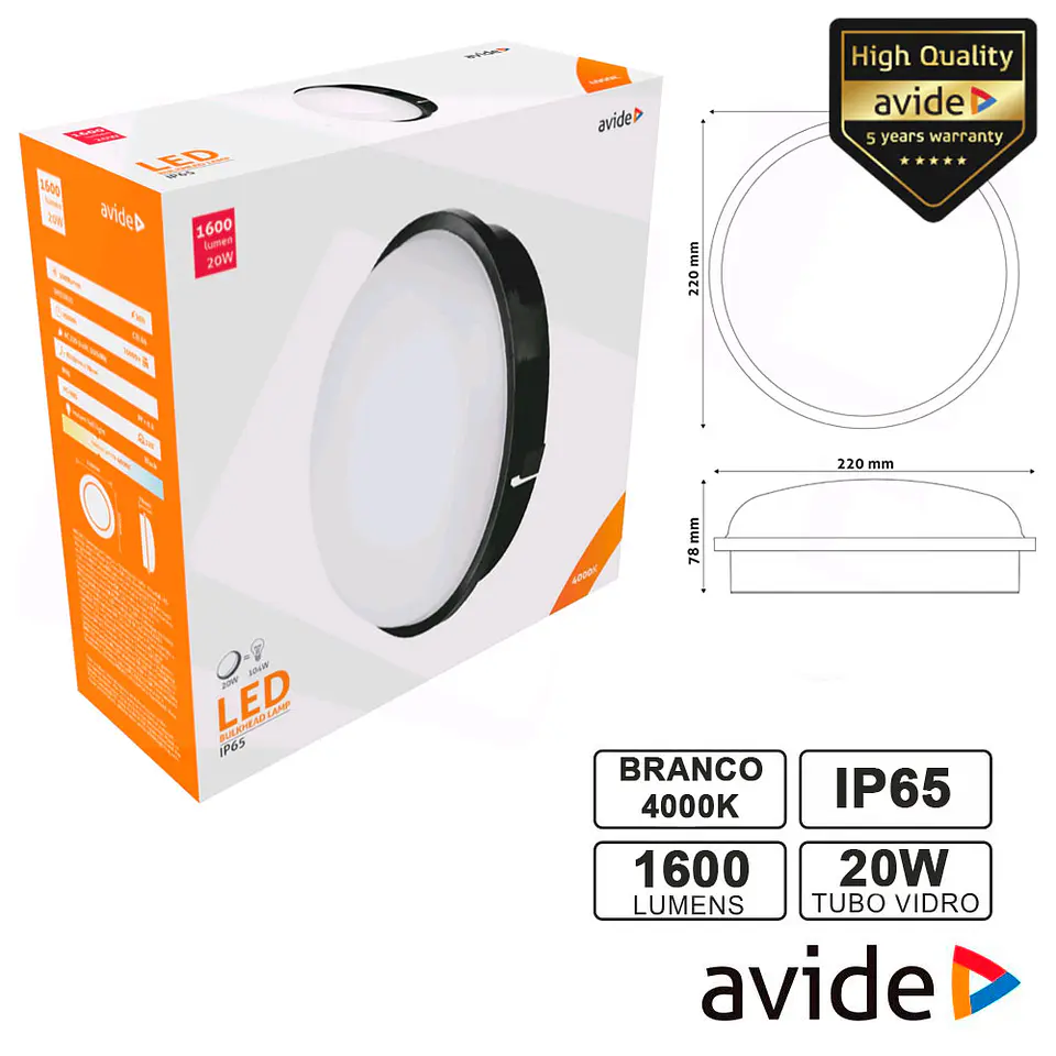 PAINEL LEDS REDONDO 20W 220MM 4000K 1600LM IP65 AVIDE 1