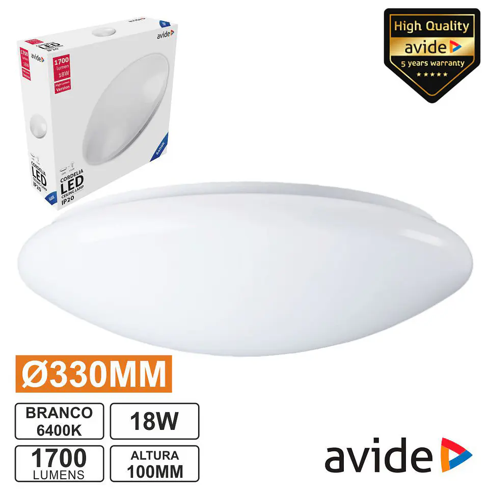 Aplique LED Redondo Teto 18W 330mm 6400K 1700lm AVIDE 1