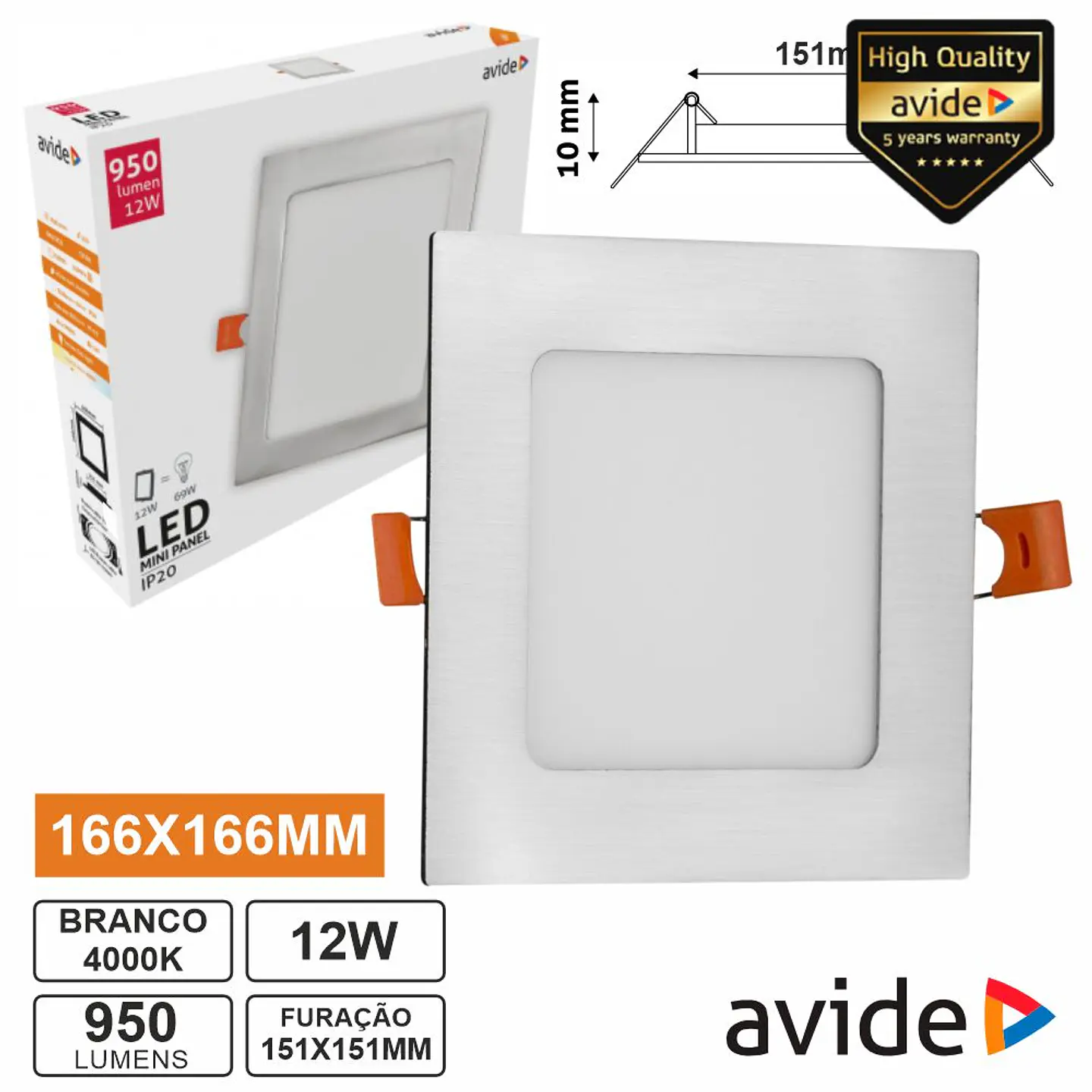 Painel LEDS Quadrado 12W 166mm 4000k 950lm AVIDE 1