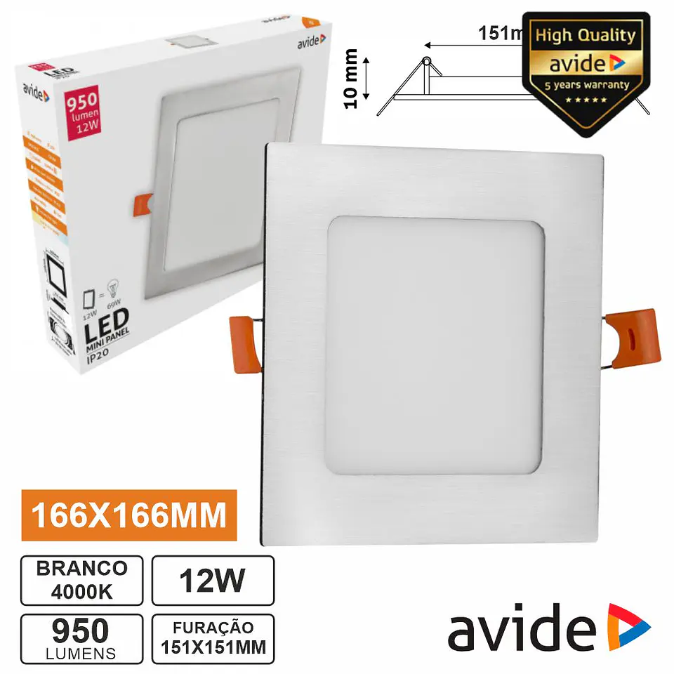 Painel LEDS Quadrado 12W 166mm 4000k 950lm AVIDE 1
