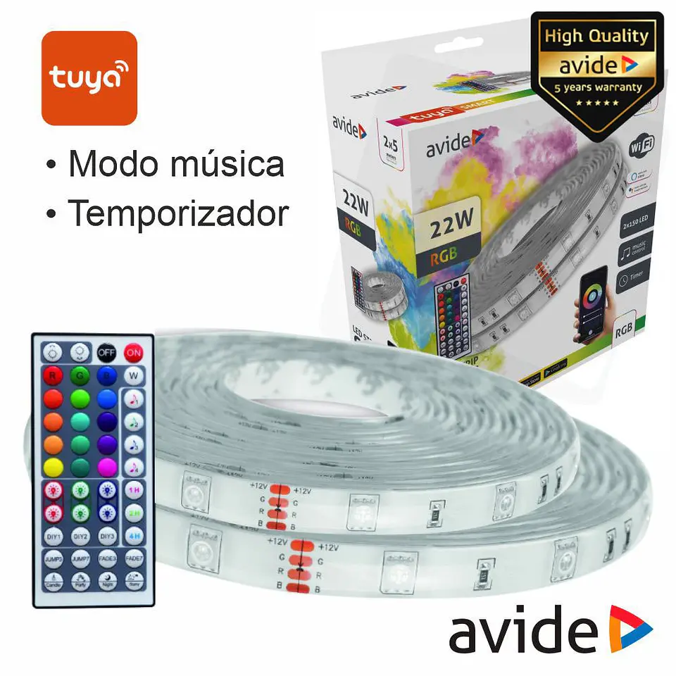 Kit 2 Fitas LED RGB 12V 2x5m IP65 WIFI+IR TUYA AVIDE 1