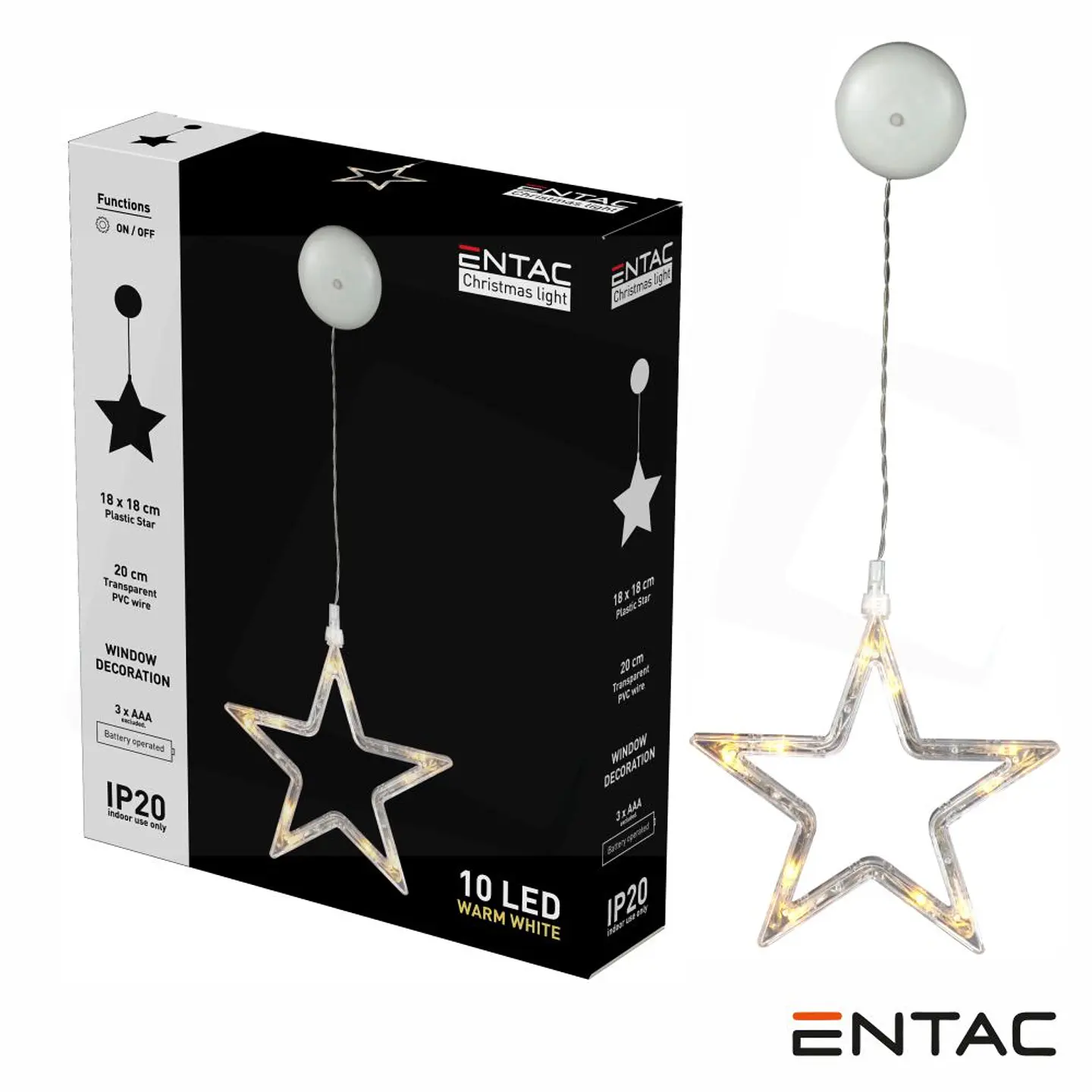 Estrela Decorativo c/ ventosa 10 LED 3000K a pilhas ENTAC 1
