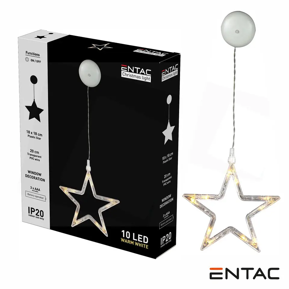 Estrela Decorativo c/ ventosa 10 LED 3000K a pilhas ENTAC 1