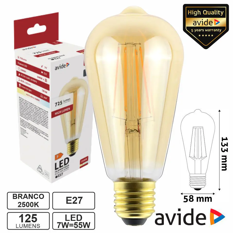 Lâmpada LED E27 Dimável Filamento 7W 230V 2500K 725lm AVIDE 1