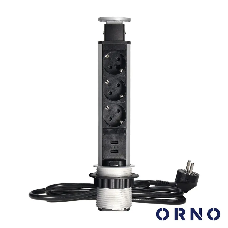 Tomada Elétrica Encastrar 3x Schuko 2x USB-A Preta ORNO 1