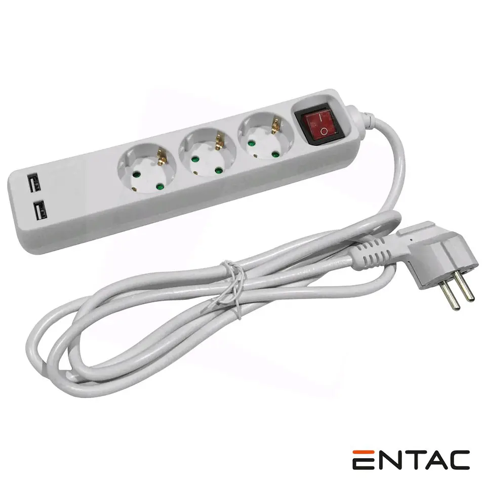 Tomada Elétrica C/ 3 Saídas + 2 USB e Interruptor 1.5m ENTAC 1
