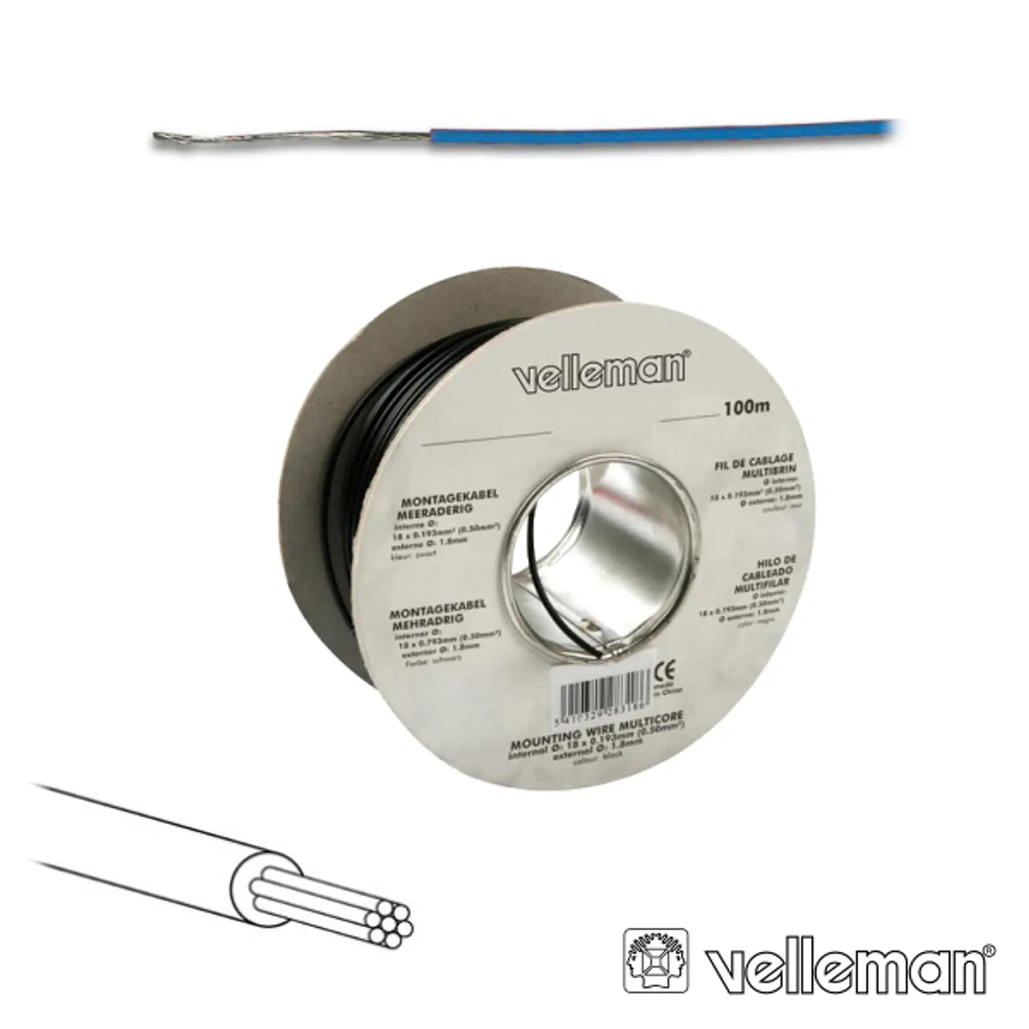 CABO MULTIFILAR AZUL 0.20MM ROLO 100M VELLEMAN 1