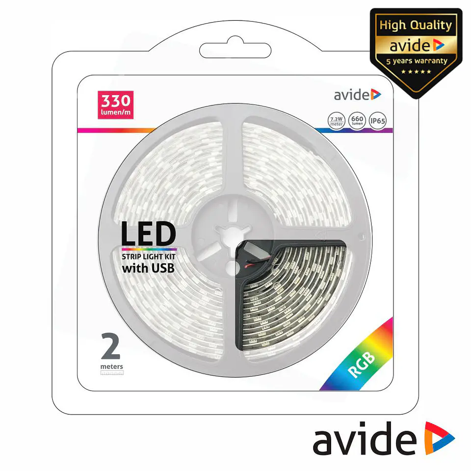 Fita 60 LEDS P/ TV C/ USB 5050 RGB 5V 7.2W/m 2m IP65 AVIDE 1