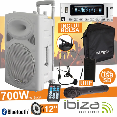 COLUNA AMPLIFICADA 12" 700W USB/BT/SD/BAT UHF BRANCO IBIZA
