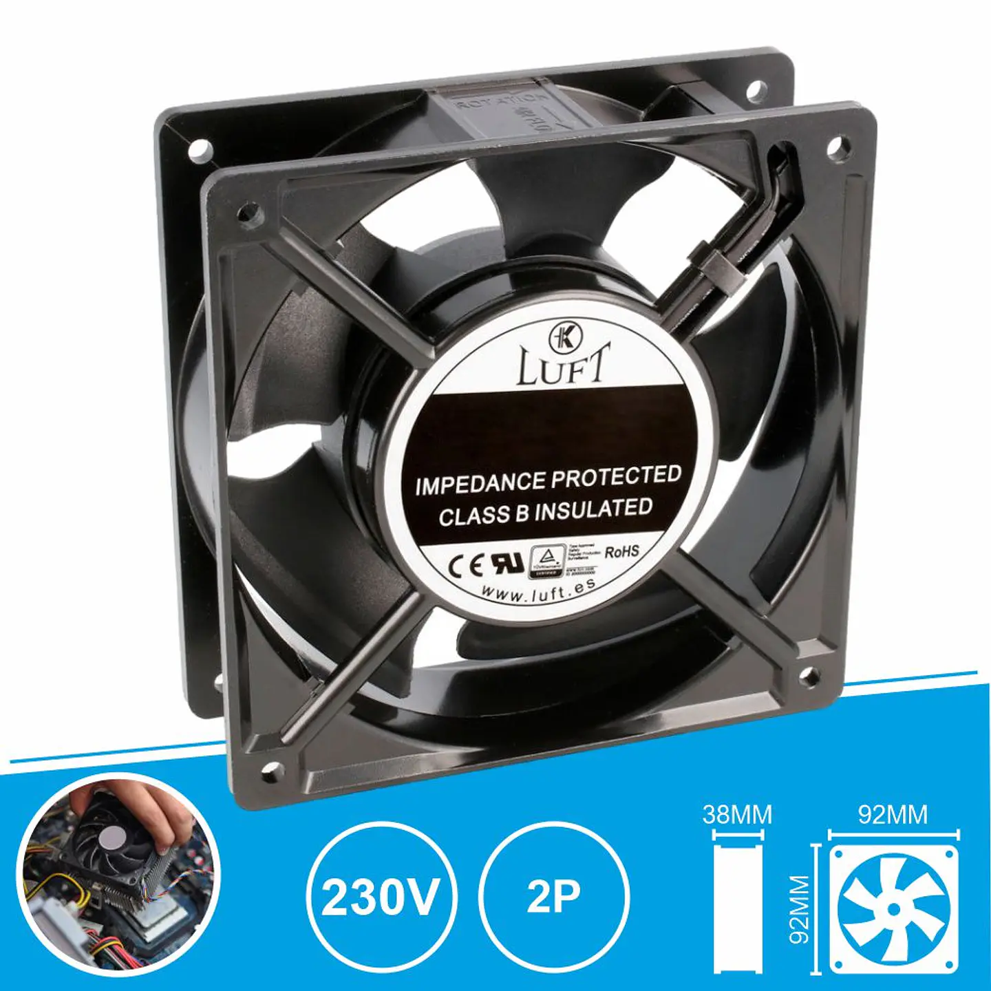 Ventoinha 230V 92x92x38mm 2 Pinos KLA230AP092ABTH LUFT 1
