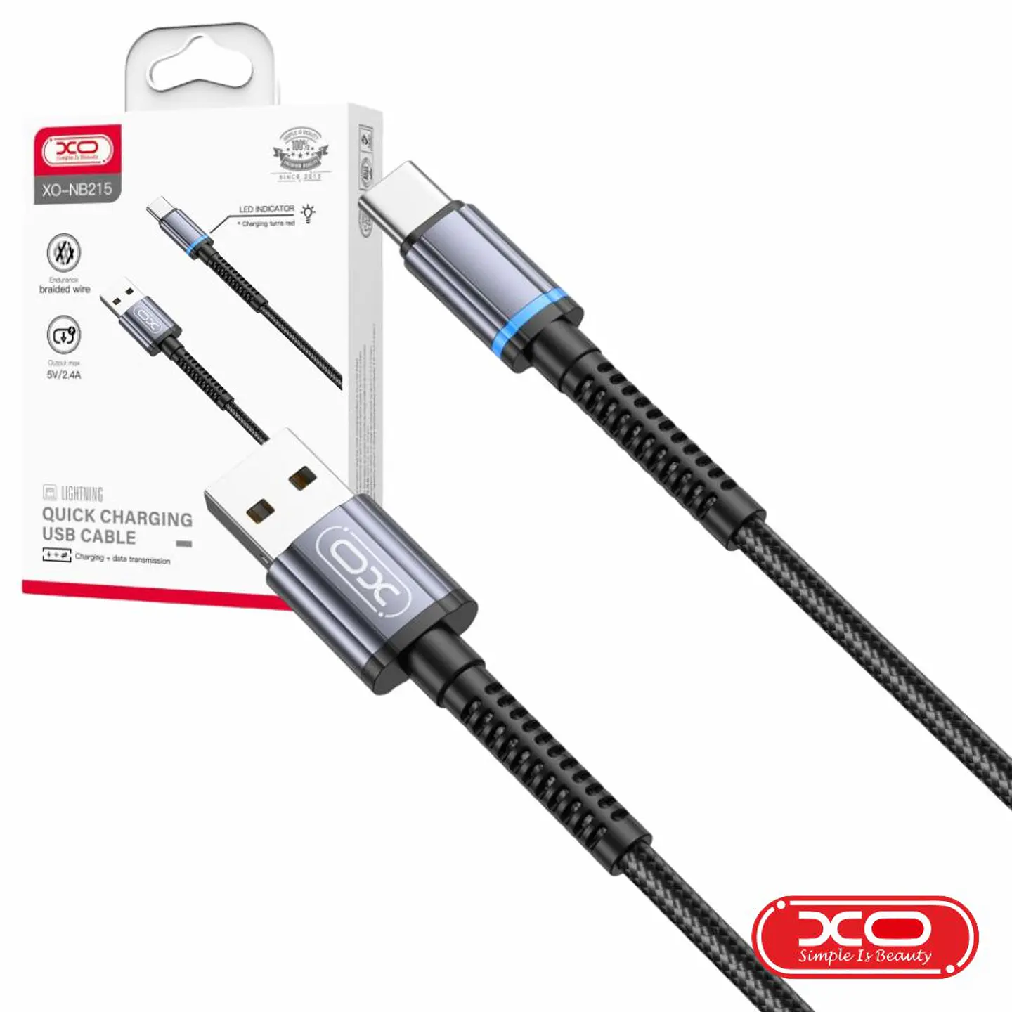 Cabo USB-A 2.0 Macho / USB-C Macho 2.4A C/ LED Preto 1m XO 1
