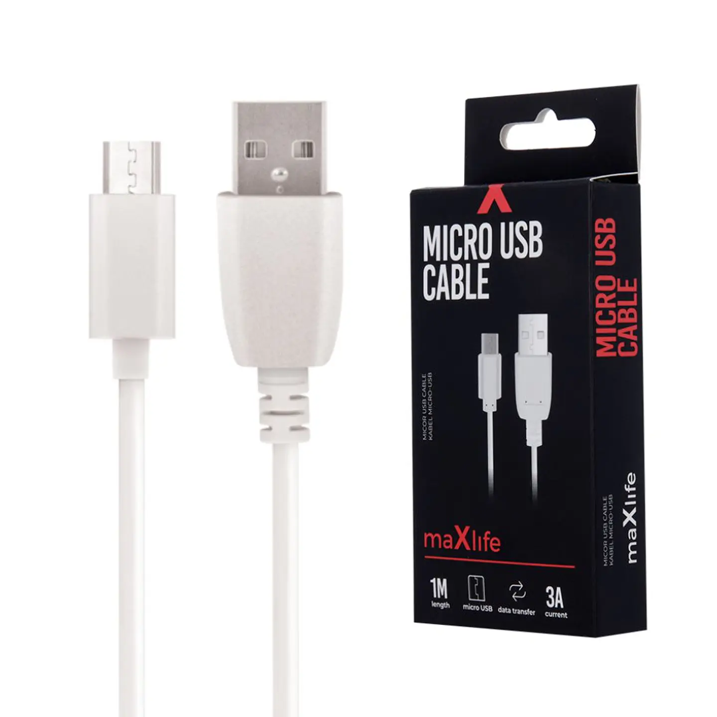 Cabo USB-A 2.0 3A Macho / Micro USB-B Branco 1m 1