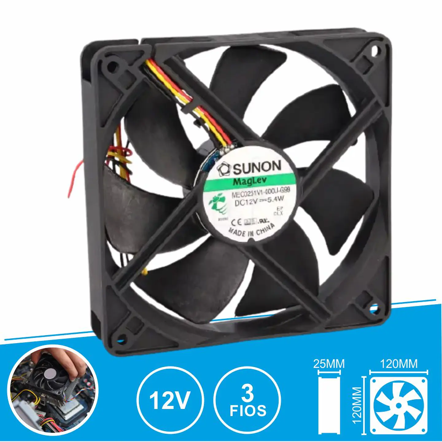 Ventoinha 12VDC 120x120x25mm 3 Fios MEC0251V1-000U-G99 SUNON 1