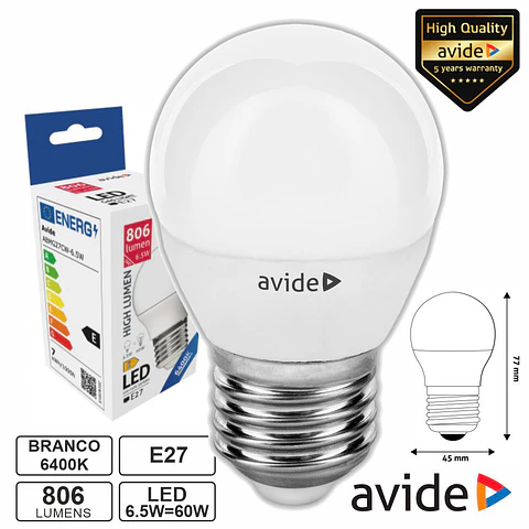 Lâmpada LED E27 Globo G45 6.5W 230V 6400K 806lm AVIDE
