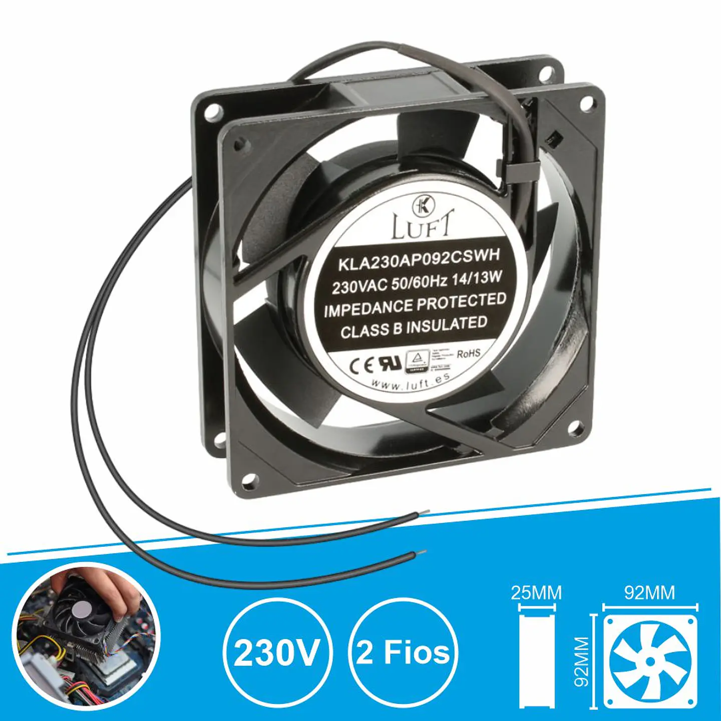 Ventoinha 230V 92x92x25mm 2 Fios KLA230AP092CSWH LUFT 1